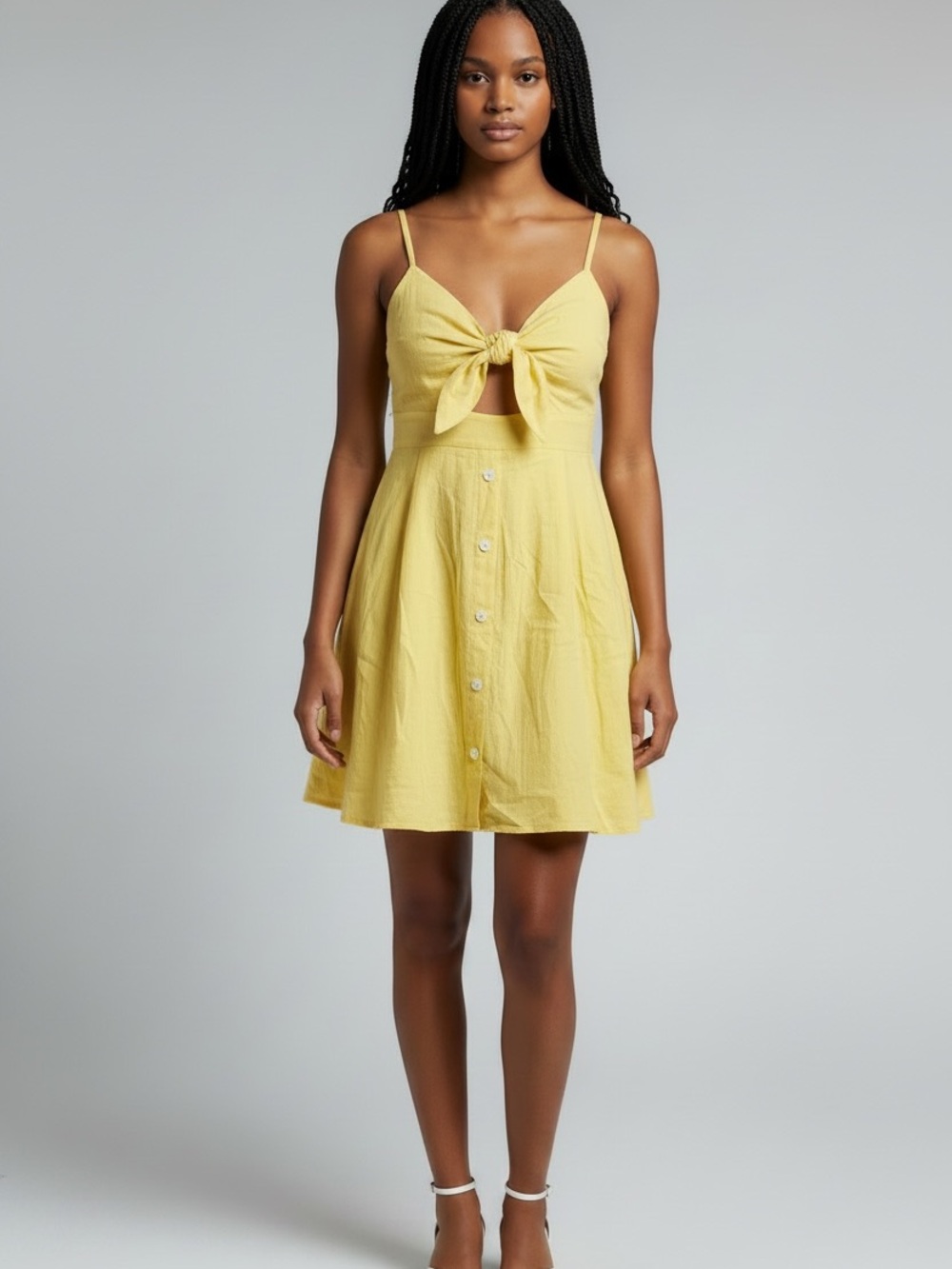 Fancyinn Yellow Tie-Front Mini Dress with Button Skirt. Women’s Size XS